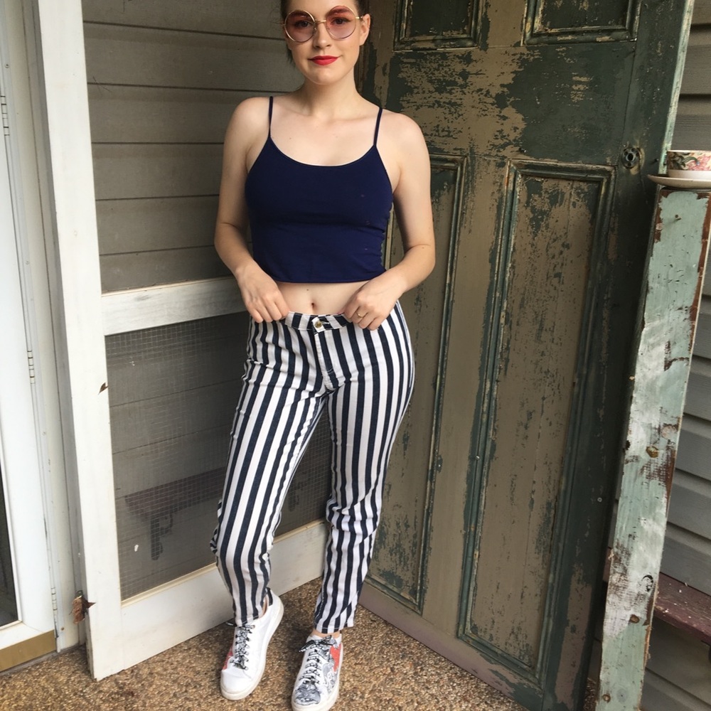 Vertical Striped Navy Blue and White Pants